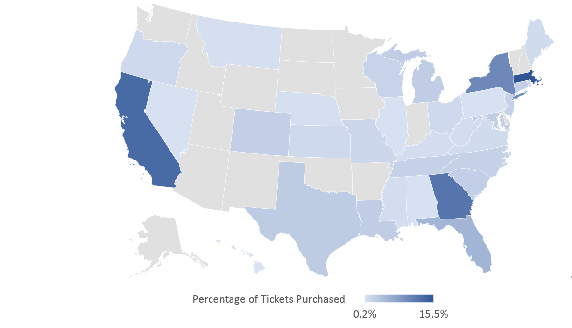 Map of Super Bowl LIII ticket purchases by buyer state