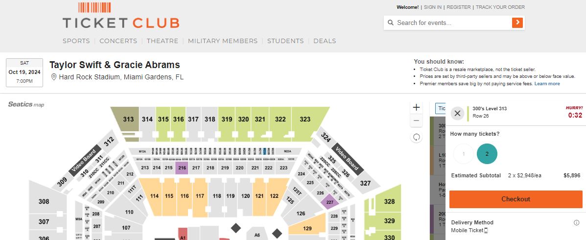Screenshot of TicketClub.com showing two tickets in Section 313 Row 26 for Taylor Swift on October 19 2024 in Miami with an asking price of $5,896