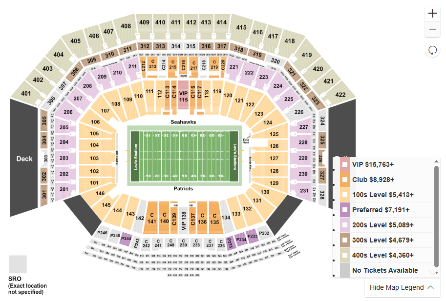 Image of the seat map at Levi's Stadium for the Super Bowl
